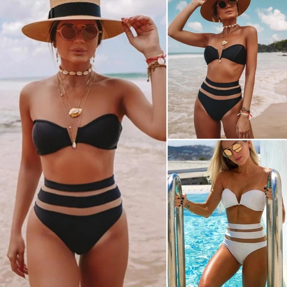 HIGH WAISTED MESH NOTCH FRONT BANDEAU BIKINI Set - Picture 2 of 7